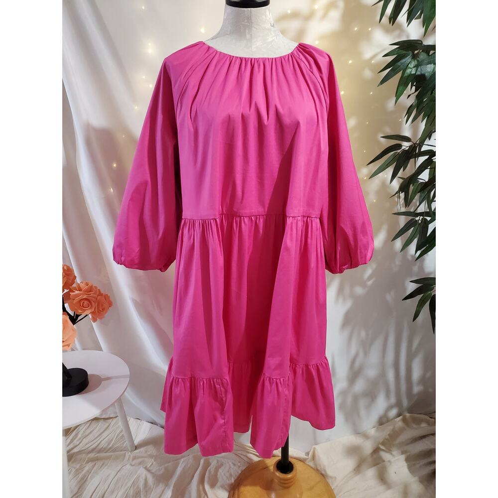 Chicos Poplin Balloon Sleeve Tiered Dress Size 3 US 16 XL Hot Pink Pockets Party
